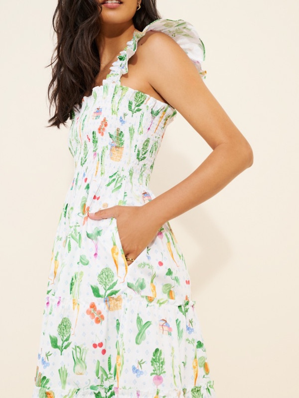 Hill House White Colorful Floral Vegetable Garden Smocked Ruffle Midi Sundress M - Picture 3 of 12